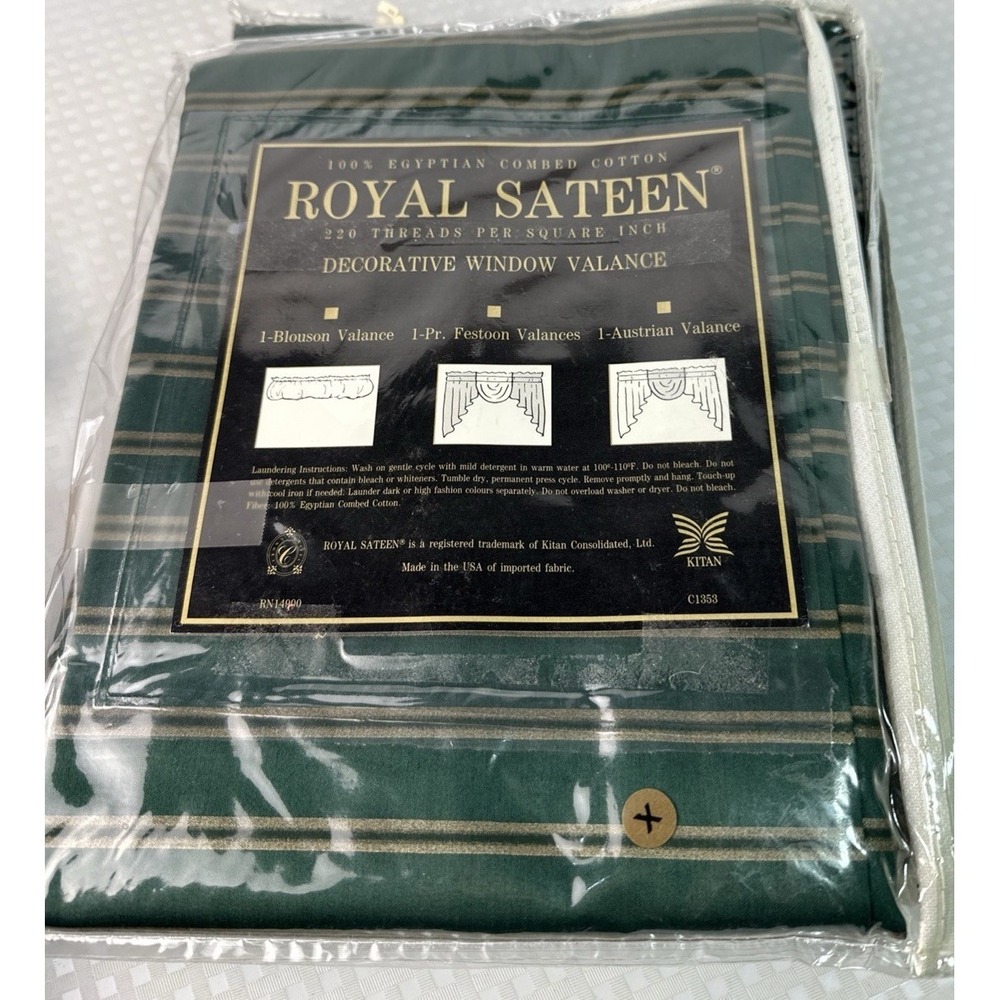 Vintage Royal Sateen Egyptian Cotton Window Valance Green Striped NOS Package - Picture 2 of 5